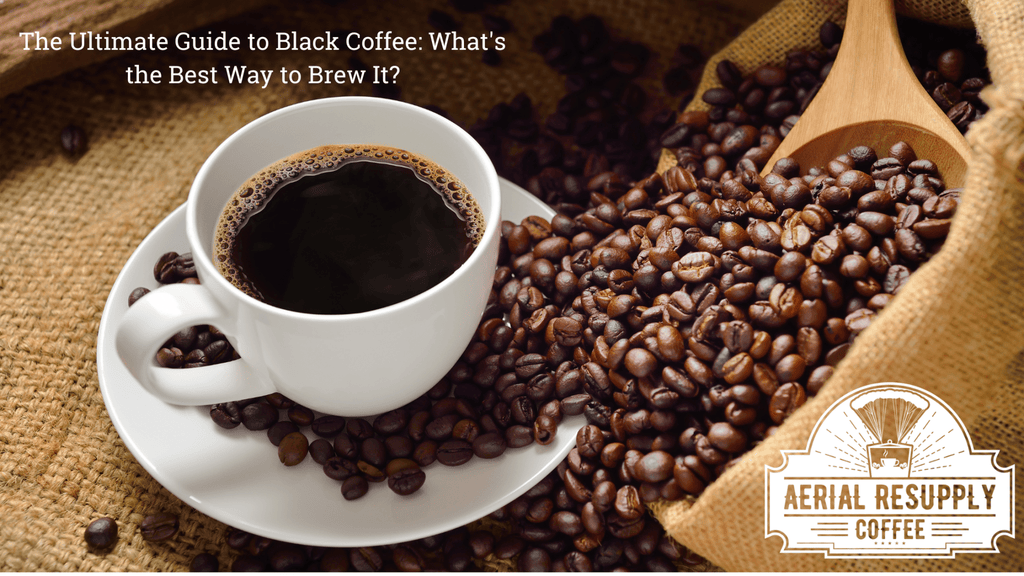 cup of black coffee, coffee cup on table, coffee beans, columbian coffee beans, brew coffee, Aerial Resupply coffee