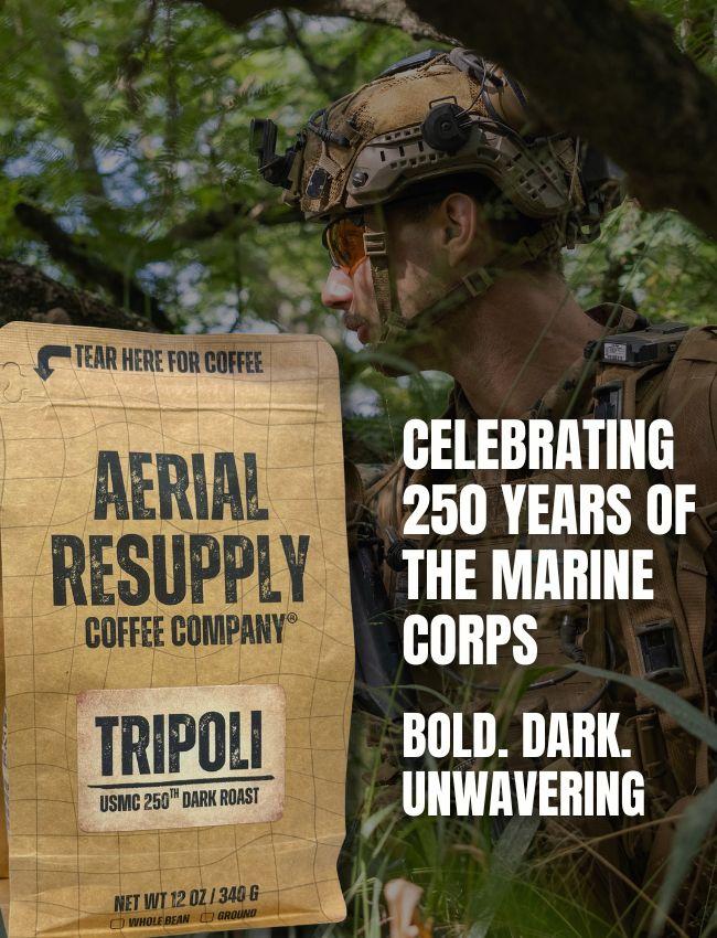 A coffee bag with a marine in the background a promotion text celebrating the Marine Corps Birthday