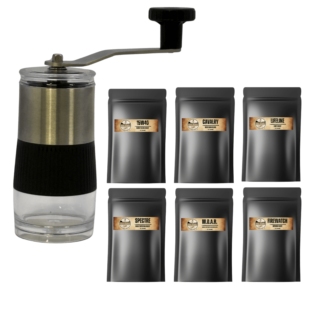 Tactical Brew Kit 6 pack coffee sampler and grinder