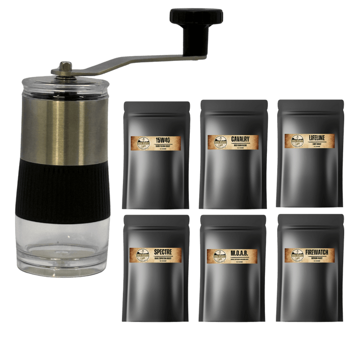 Tactical Brew Kit 6 pack coffee sampler and grinder