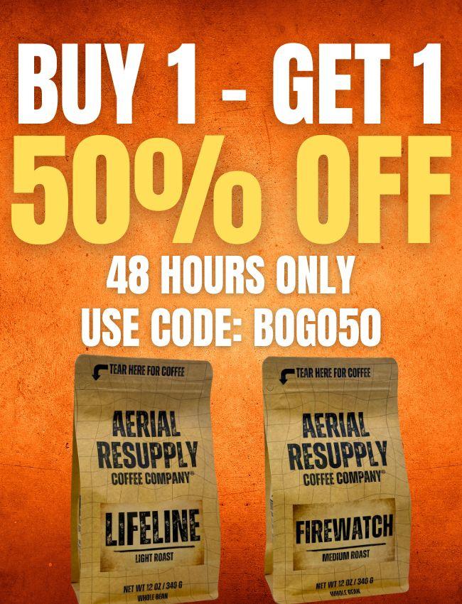 Promotional poster for Aerial Resupply Coffee Company with coffee bags and a buy-one-get-one-50% off offer.
