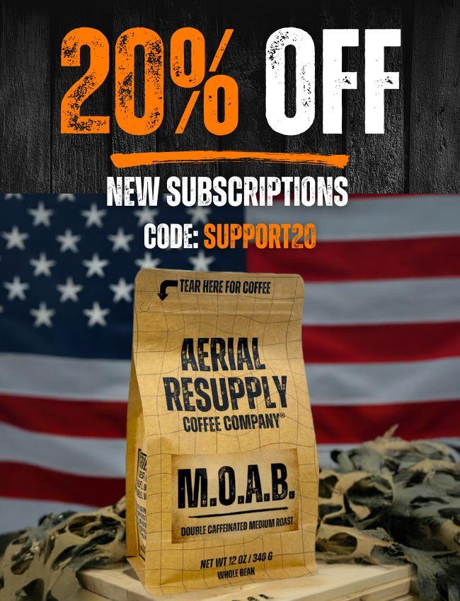 Aerial Resupply Coffee Company M.O.A.B. bag with a 20% off promotion on an American flag background.