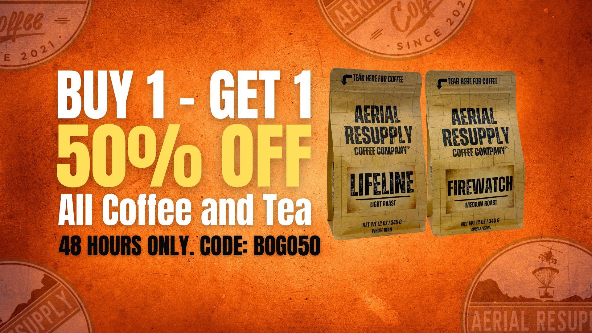 Promotional banner for Aerial Resupply Coffee Company with coffee packages and buy-one-get-one offer.