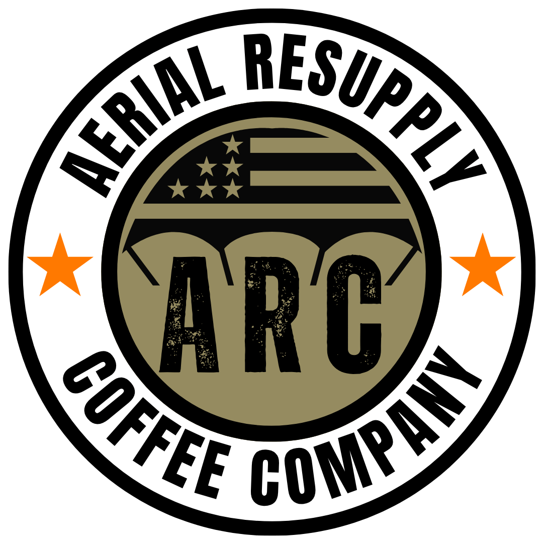 white sticker wtih black text and the Aerial Resupply Coffee flag logo in the center