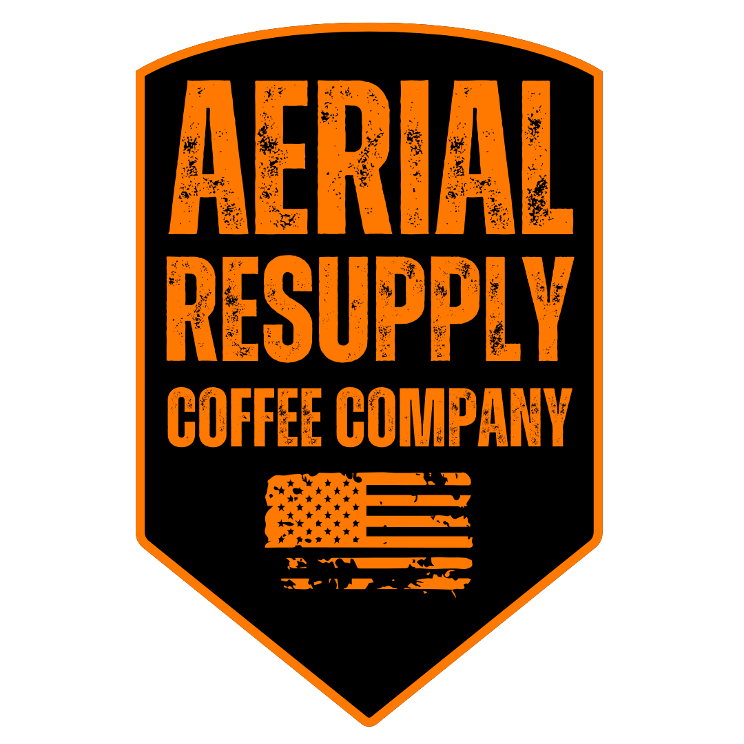 Aerial Resupply Coffee sticker on a black background with orange text  and an american flag