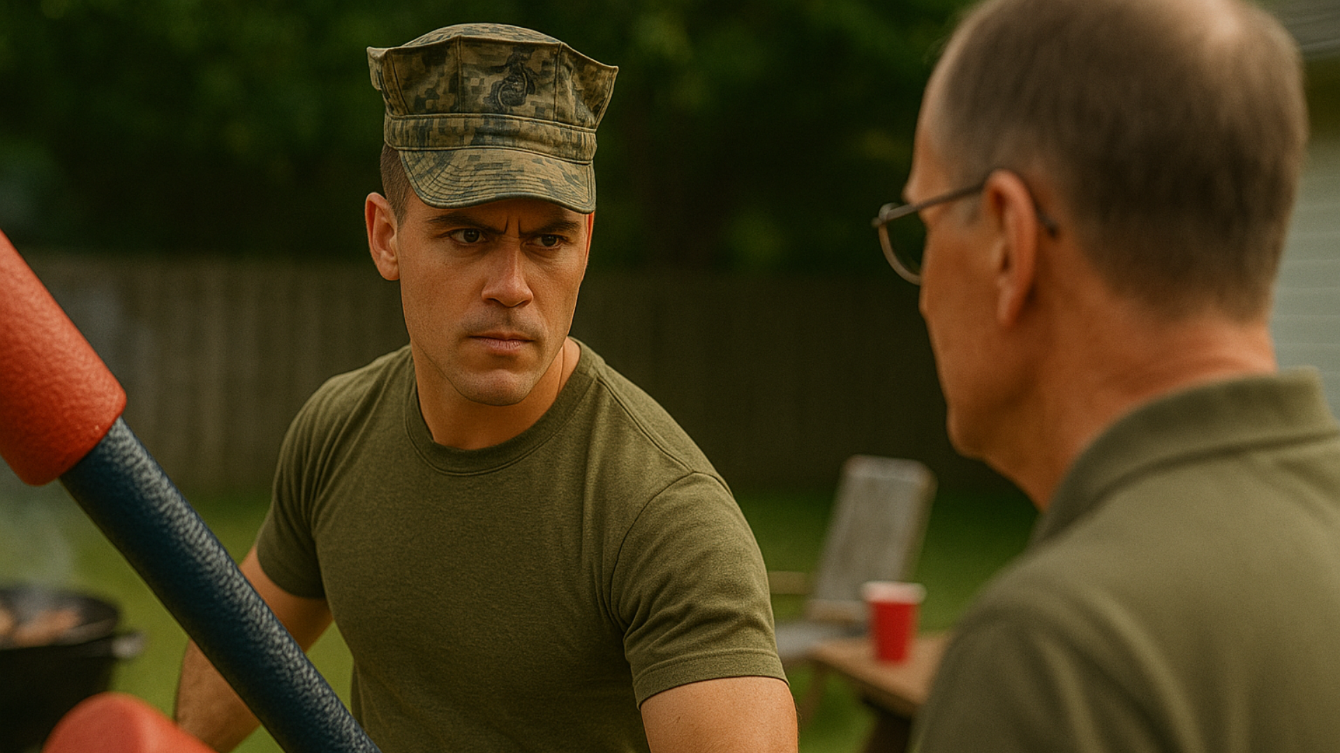 Marine backyard preparation holding a pugil stick
