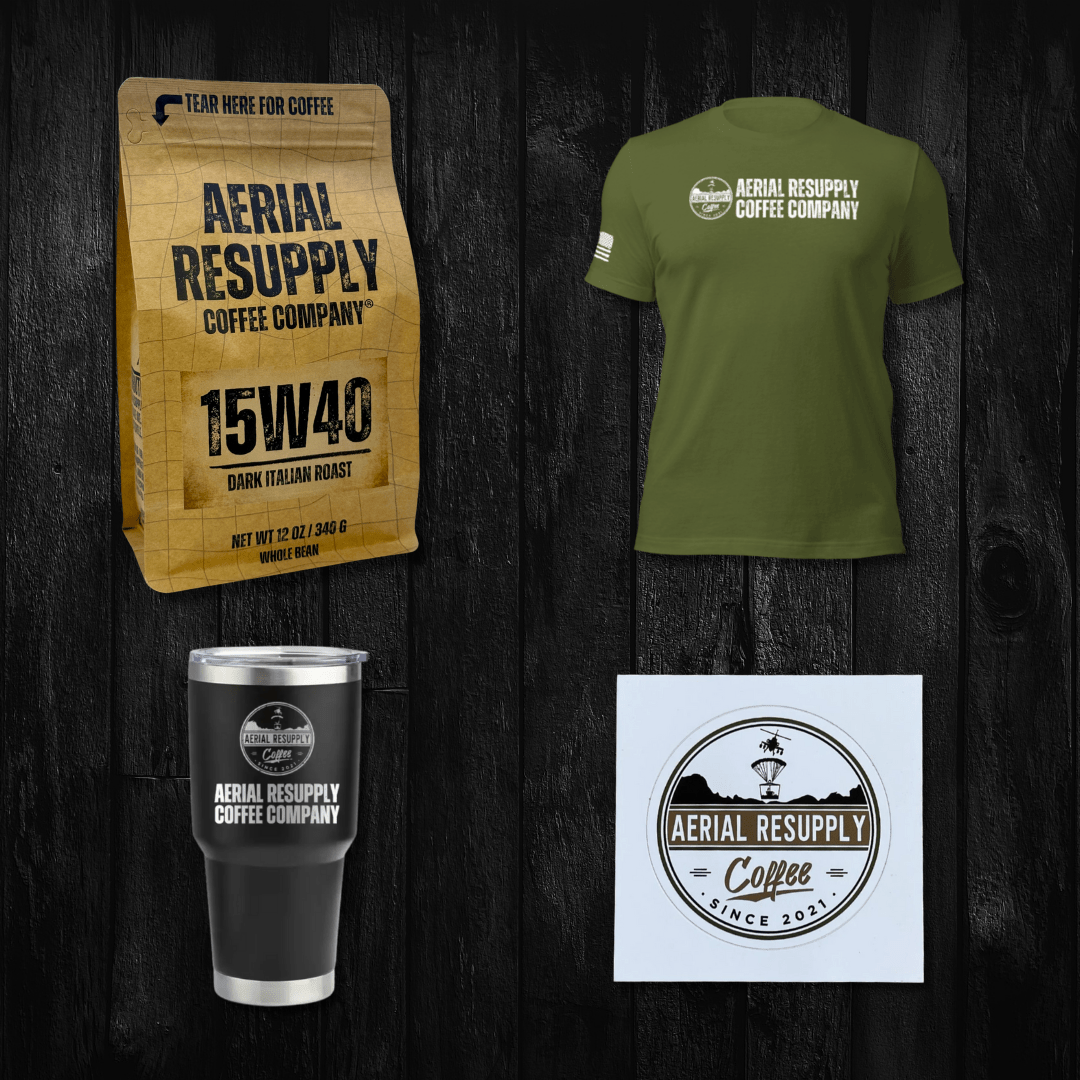 Aerial Resupply Coffee Company products including coffee package, t-shirt, tumbler, and coaster on a dark wooden background.
