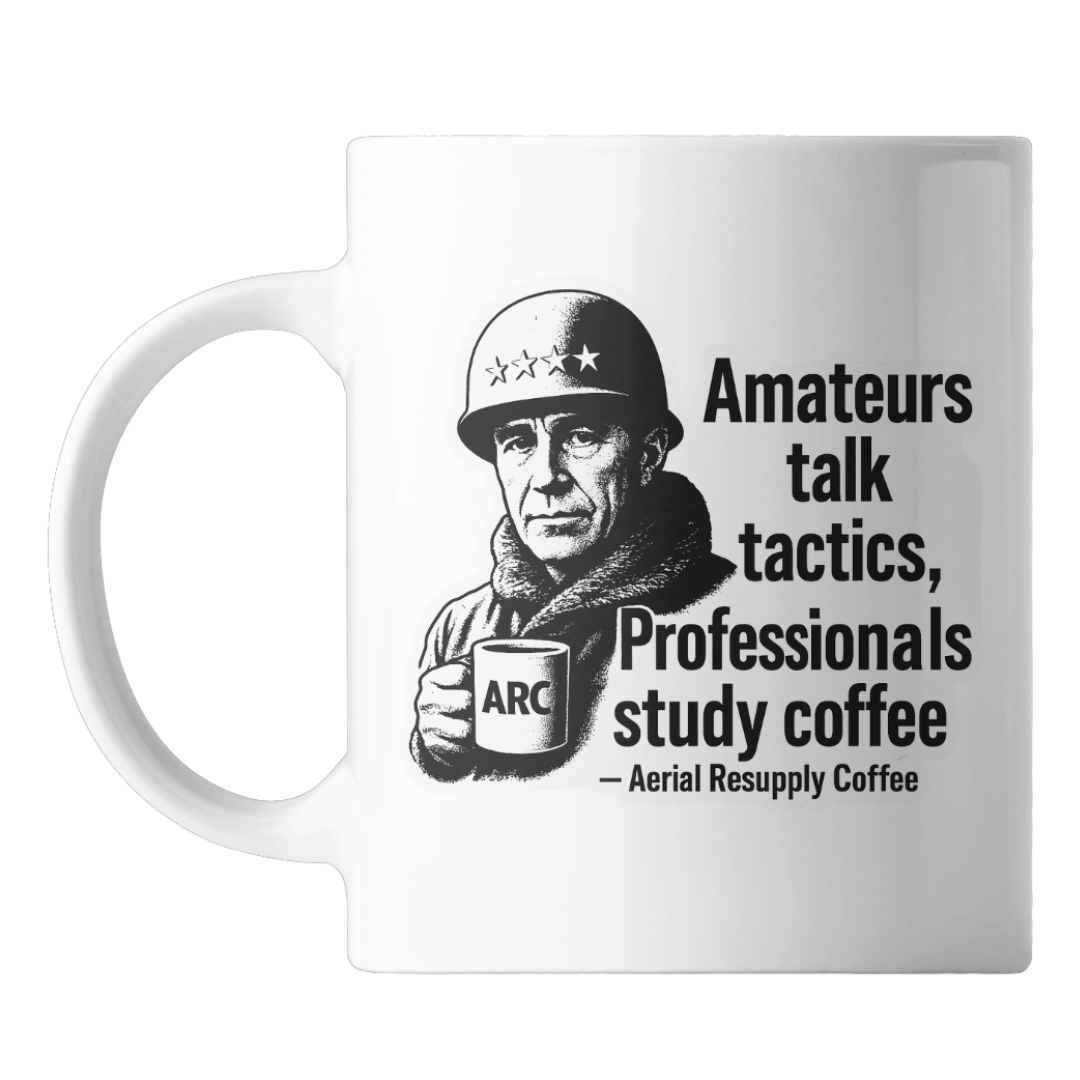 A general holding a coffee mug with text near the mug