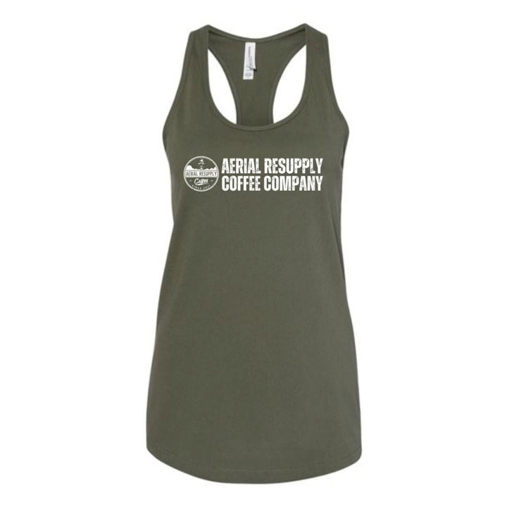 Aerial Resupply Coffee Ladies racerback tank top green and white with Aerial resupply coffee logo bella canva comfortable and chic buy now online or in our store at charlottesville virginia
