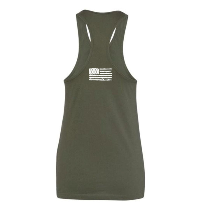 Aerial Resupply Coffee Ladies racerback tank top green and white with Aerial resupply coffee logo bella canva comfortable and chic buy now online or in our store at charlottesville virginia