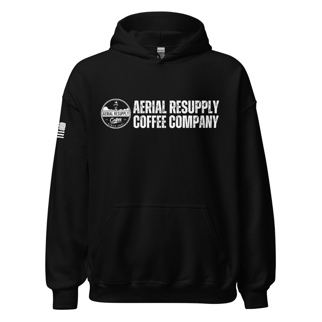 Aerial Resupply Coffee Company Logo black hoodie sweatshirt. Veteran Owned