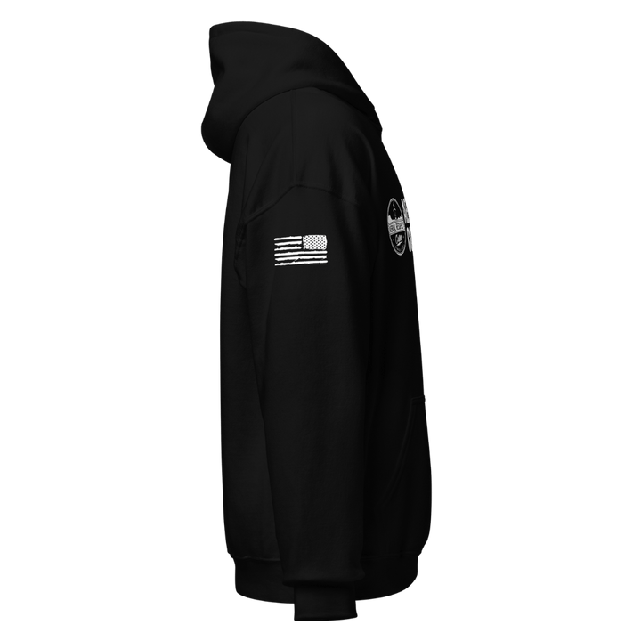 Aerial Resupply Coffee Company Logo black hoodie sweatshirt. Sleeve side view. Veteran Owned