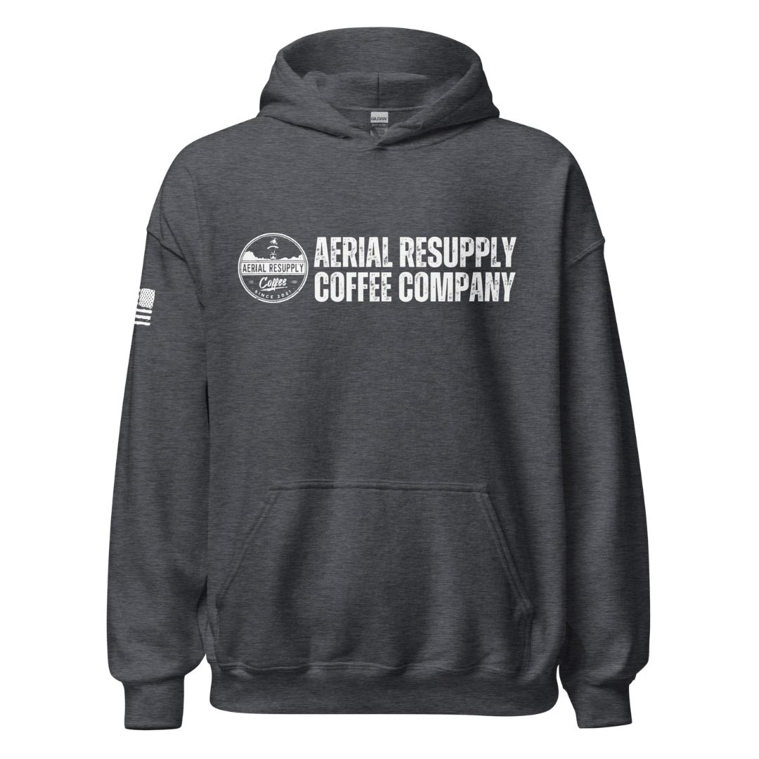 Aerial Resupply Coffee Company Logo grey hoodie sweatshirt. Veteran Owned