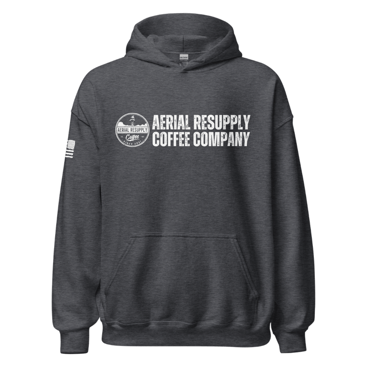 Aerial Resupply Coffee Company Logo grey hoodie sweatshirt. Veteran Owned