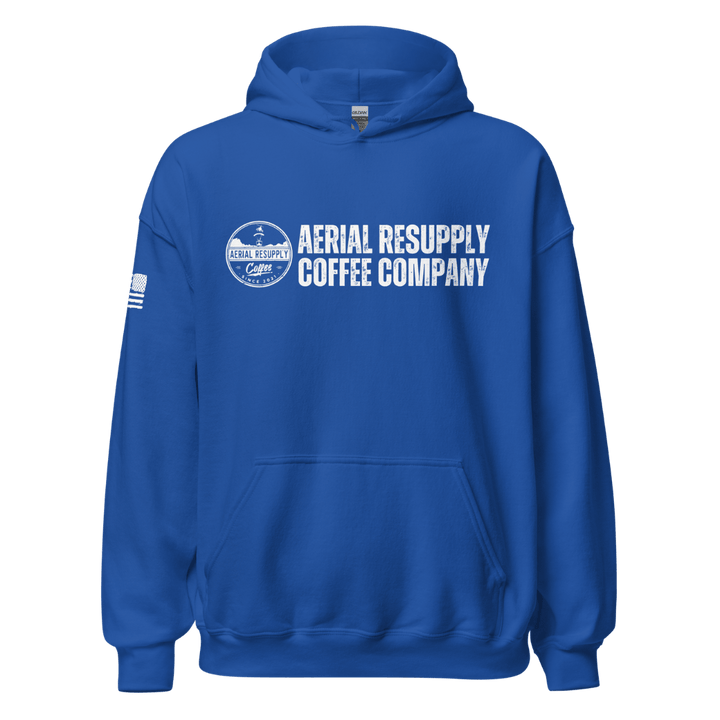 Aerial Resupply Coffee Company Logo blue hoodie sweatshirt. Veteran Owned