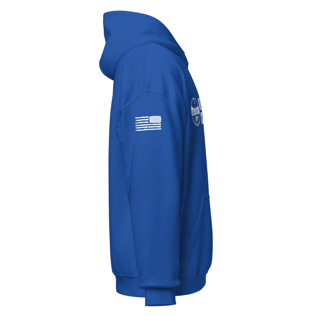 Aerial Resupply Coffee Company Logo blue hoodie sweatshirt. Veteran Owned