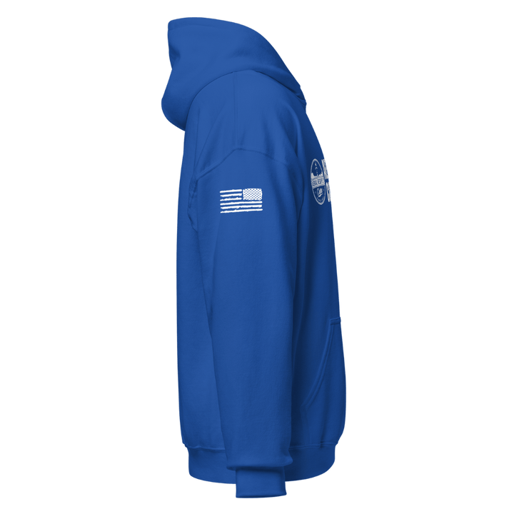 Aerial Resupply Coffee Company Logo blue hoodie sweatshirt. Veteran Owned