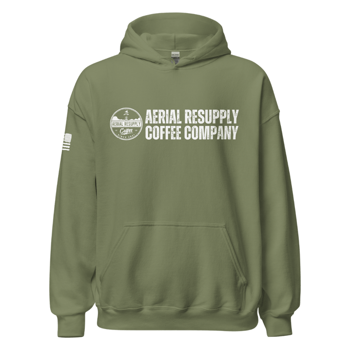 Aerial Resupply Coffee Company Logo green hoodie sweatshirt. Veteran Owned