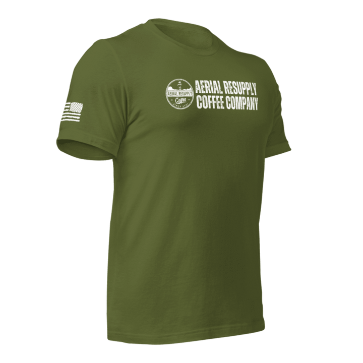 Aerial Resupply Coffee Company Logo Tshirt premium bella canvas military green front side