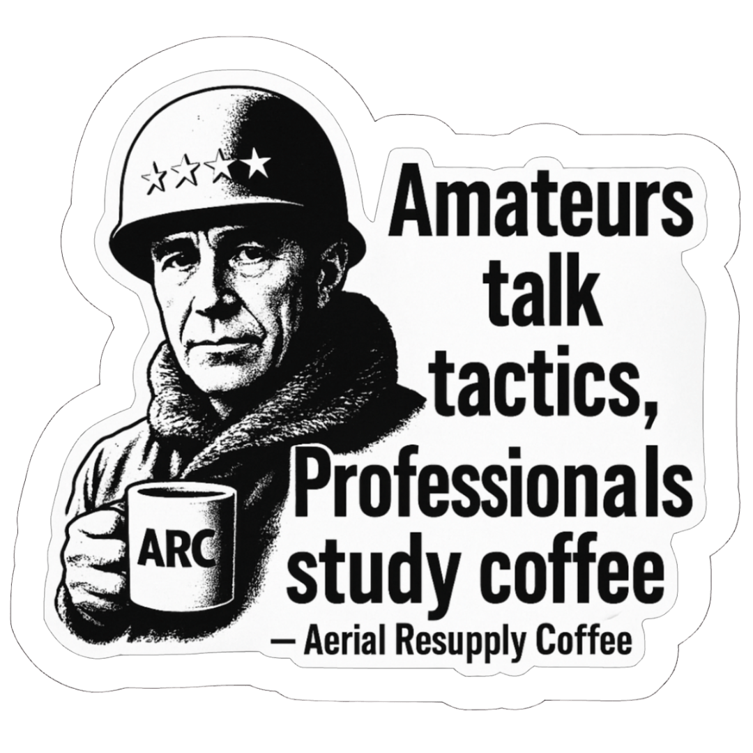 A general holding a cup of coffee with text