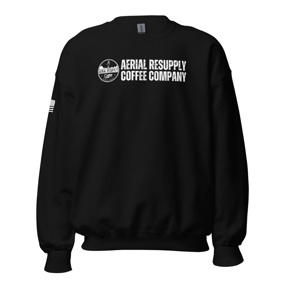 Aerial Resupply Coffee Company Logo black crewneck sweatshirt. Veteran Owned