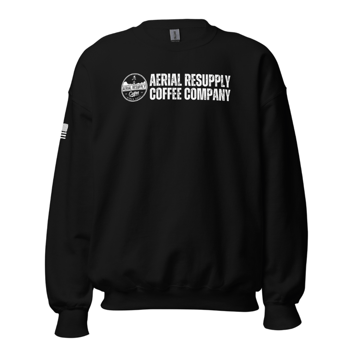Aerial Resupply Coffee Company Logo black crewneck sweatshirt. Veteran Owned
