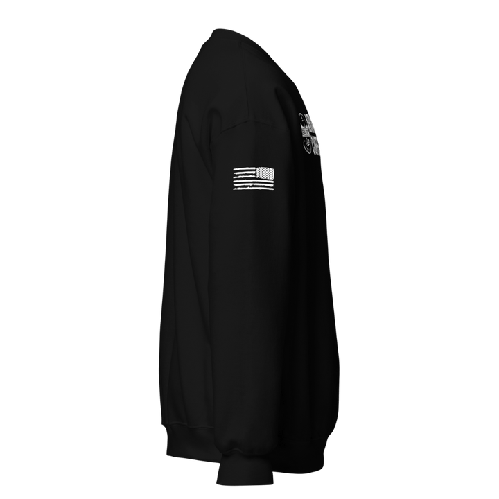 Aerial Resupply Coffee Company Logo black crewneck sweatshirt. Arm sleeve side view. Veteran Owned