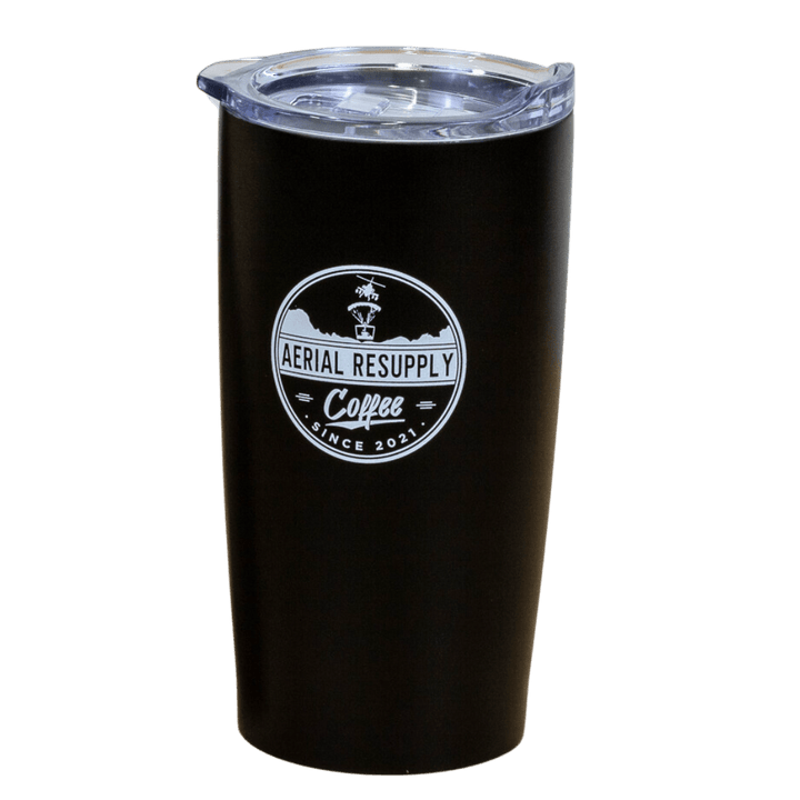 Aerial Resupply Coffee 20 ounce stainless steel logo tumbler black with slidelock lid. Veteran-owned.