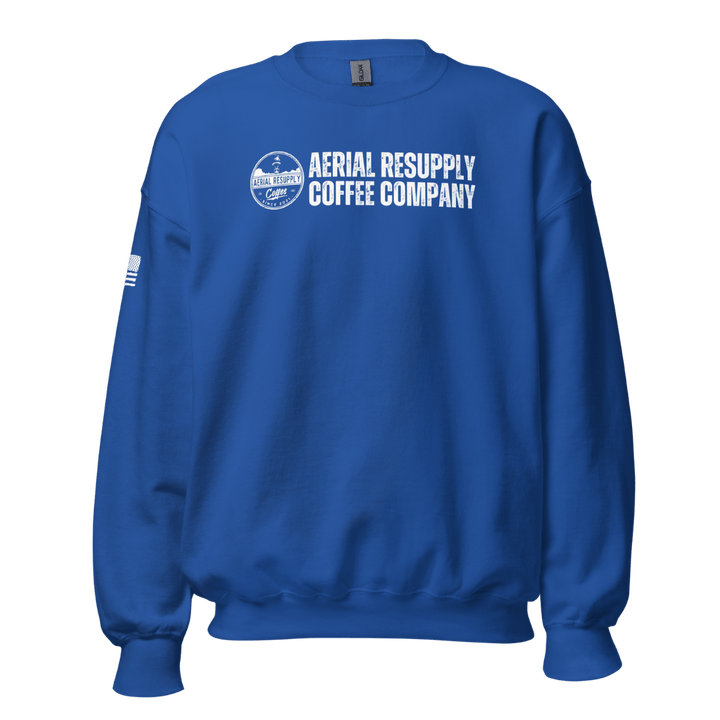 Aerial Resupply Coffee Company Logo Blue crewneck sweatshirt. Veteran Owned
