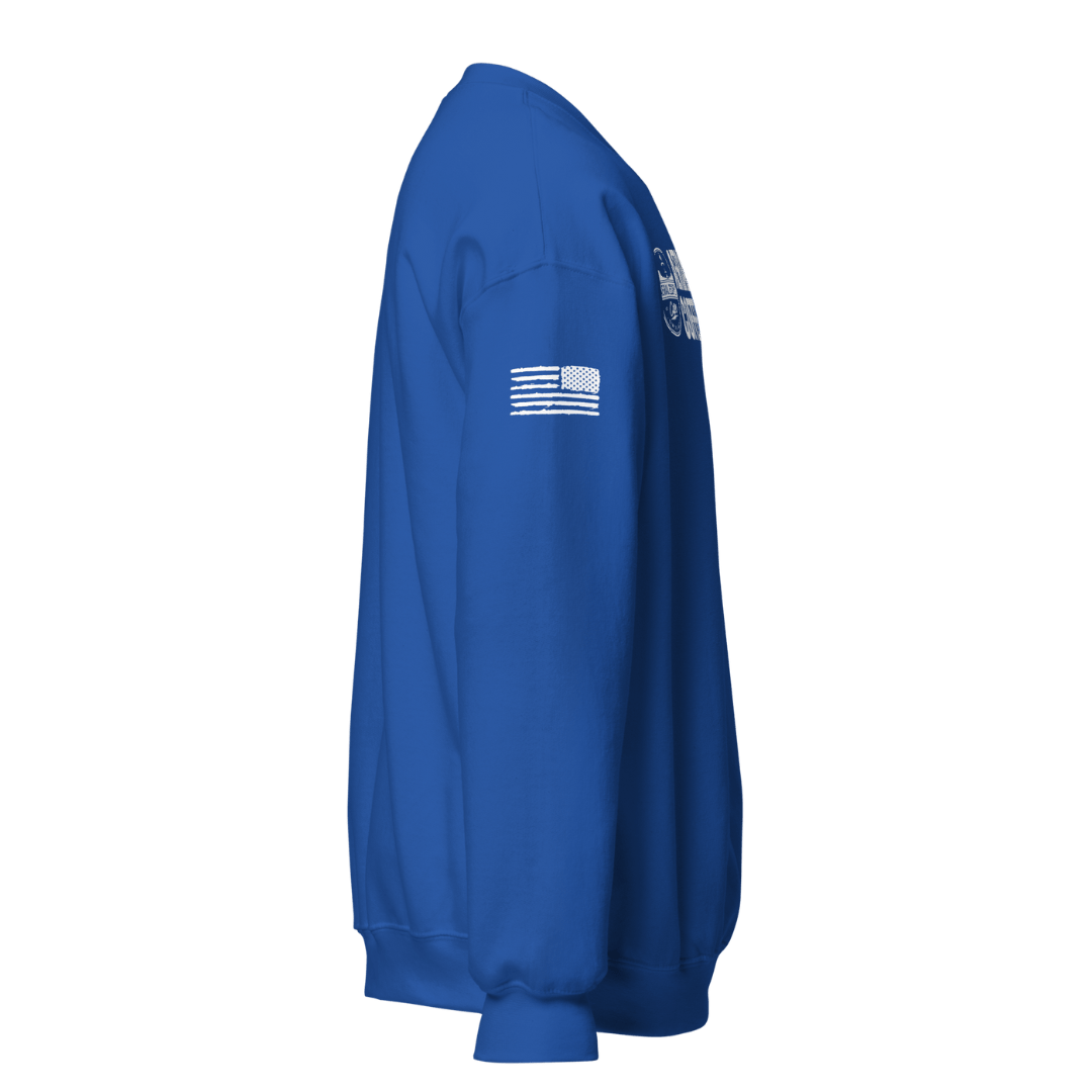 Aerial Resupply Coffee Company Logo Blue crewneck sweatshirt. Arm sleeve side view. Veteran Owned