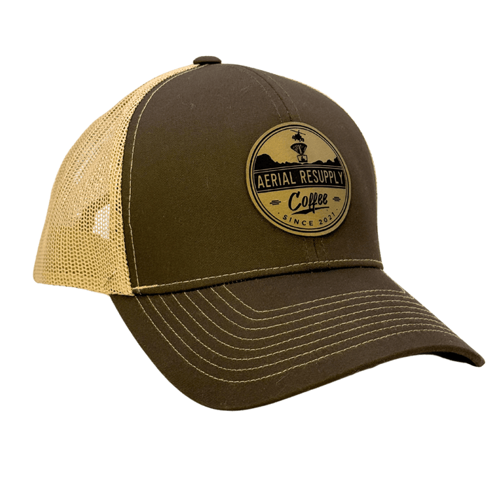 Aerial Resupply Coffee Logo Leather Brown and Khaki Snap-back Trucker Hat