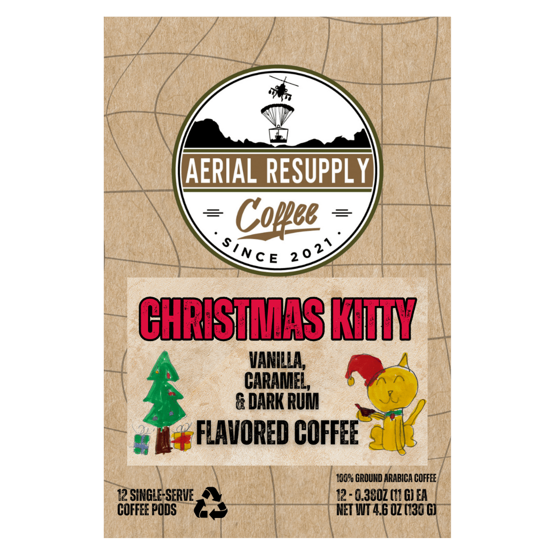 Aerial Resupply Coffee Christmas Kitty flavored coffee package on a white background