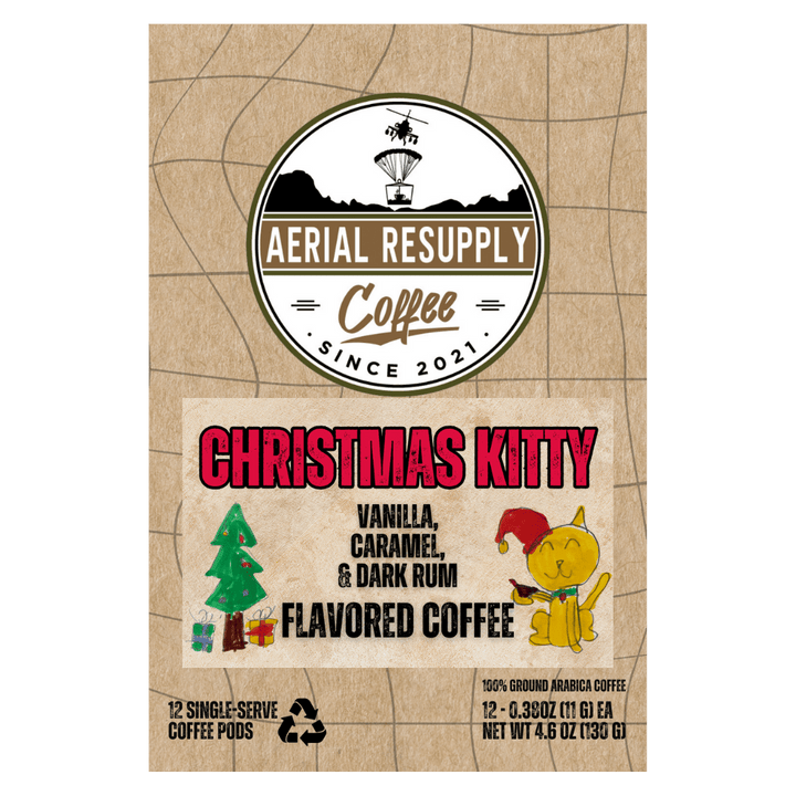 Aerial Resupply Coffee Christmas Kitty flavored coffee package on a white background