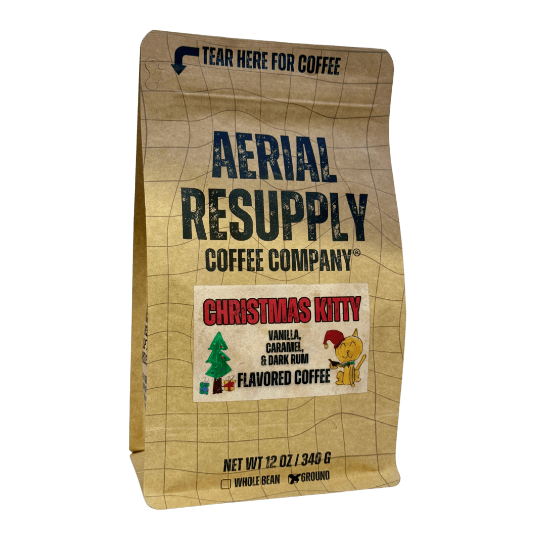 Coffee bag from Aerial Resupply Coffee Company with 'Christmas Kitty' flavor label on a white background