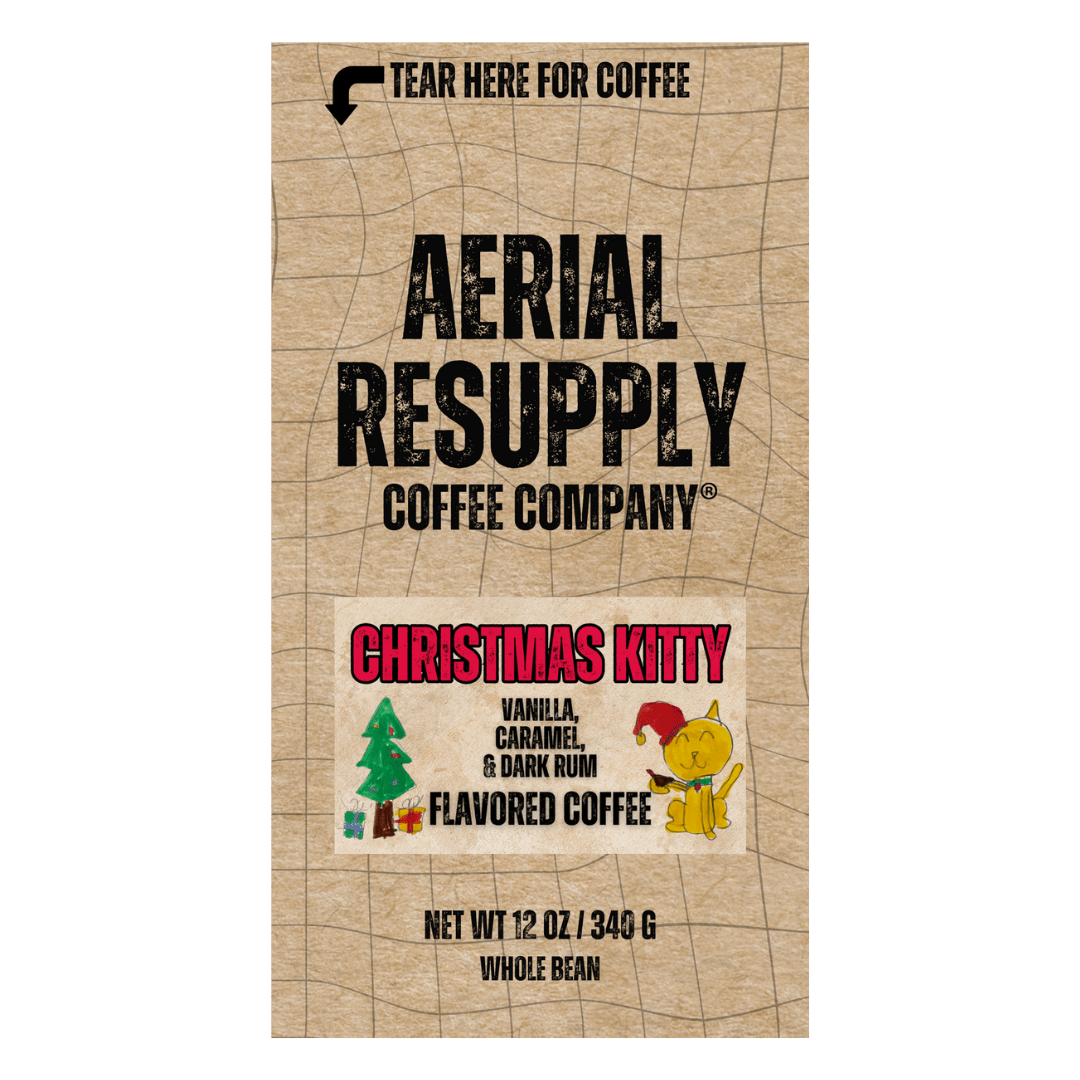 Vanilla Caramel and Dark Rum flavored whole bean and ground coffee from Aerial Resupply Coffee.