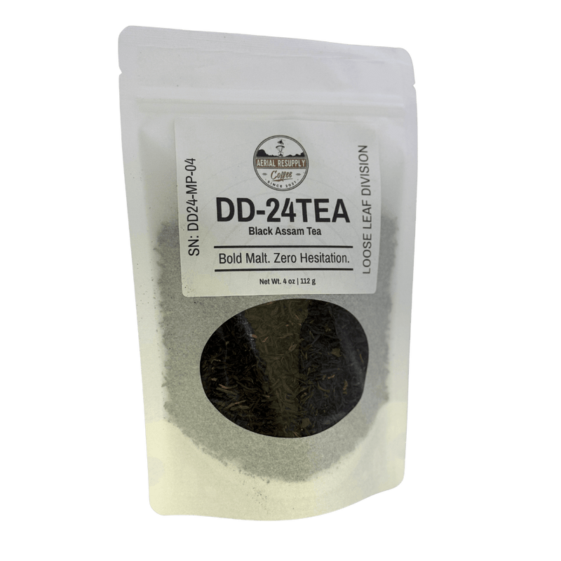 Tea package labeled 'DD-24TEA' with visible tea leaves on a white background