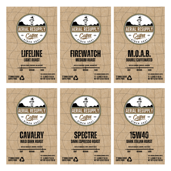 Aerial Resupply Coffee emergency crate of coffee single serving k-cup pods twelve count premium coffee variety pack
