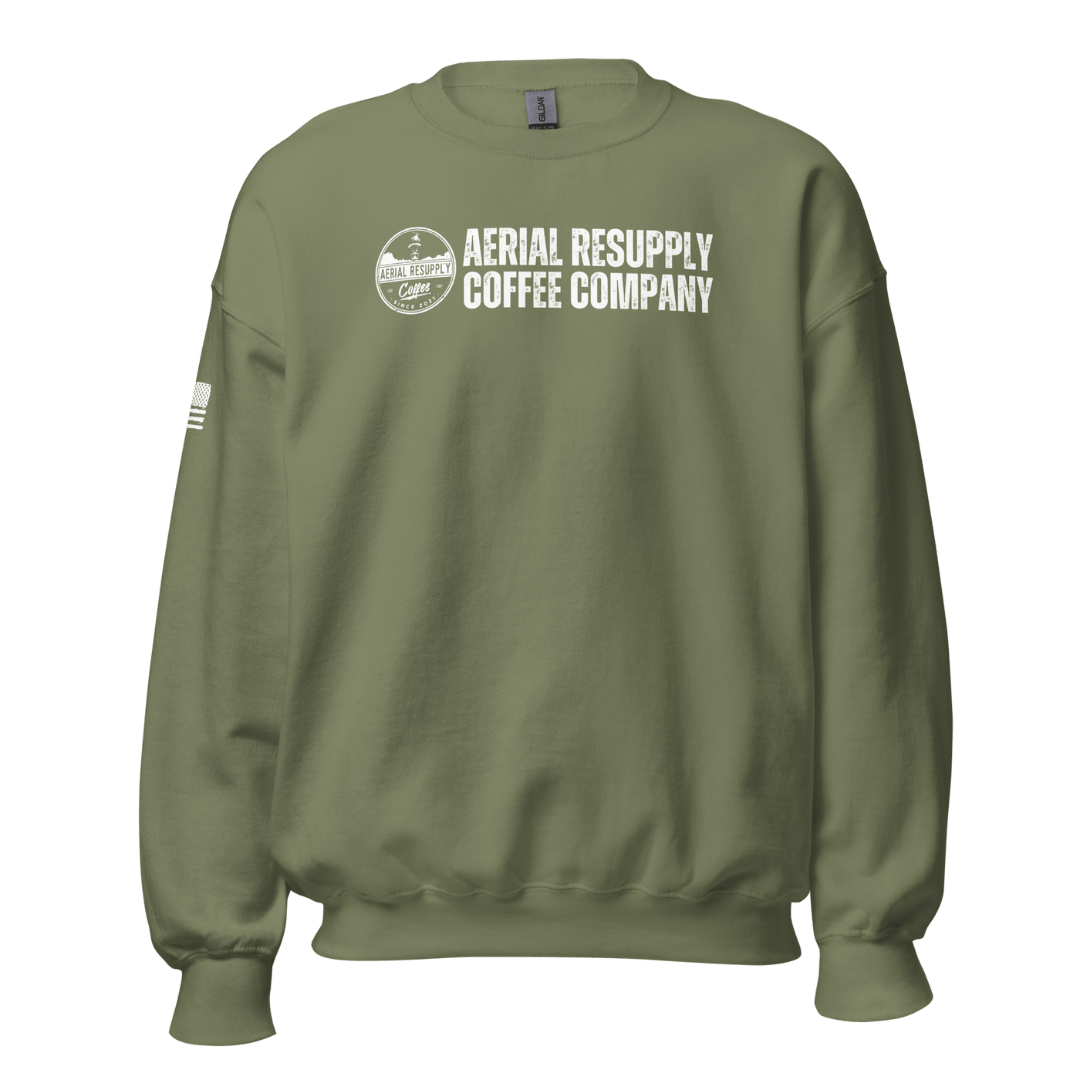 Aerial Resupply Coffee Company Logo Green crewneck sweatshirt. Veteran Owned