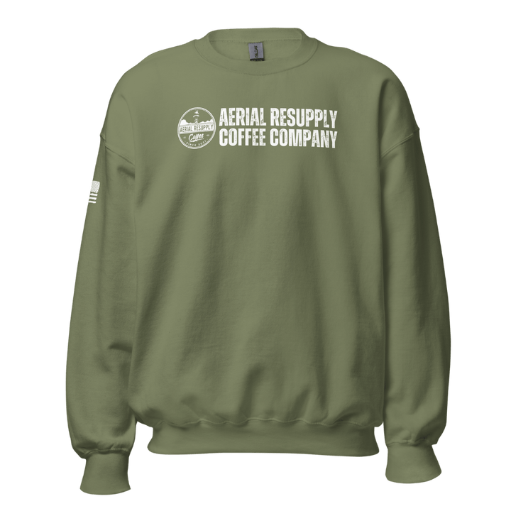Aerial Resupply Coffee Company Logo Green crewneck sweatshirt. Veteran Owned