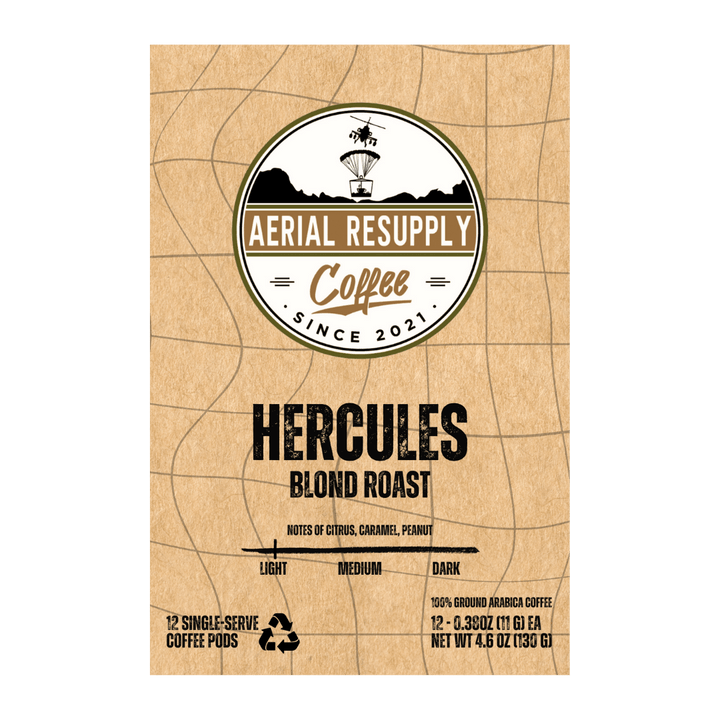 Hercules blond light roast from Aerial Resupply Coffee premium and gourmet single serving pod K-cup twelve count box of brazilian and robusta bean coffee. Buy online or in our store in Charlottesville Virginia