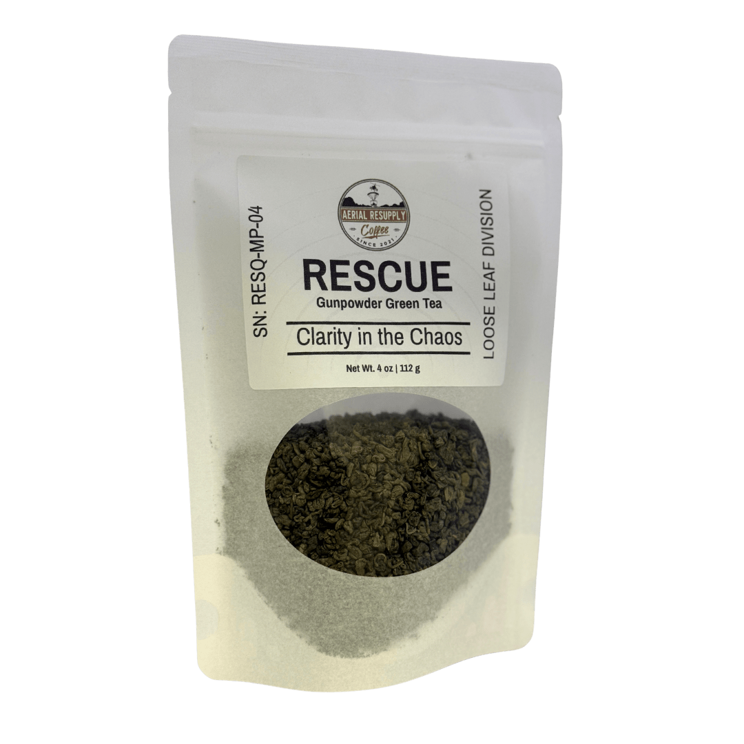Rescue Gunpowder Green Tea package on a white background