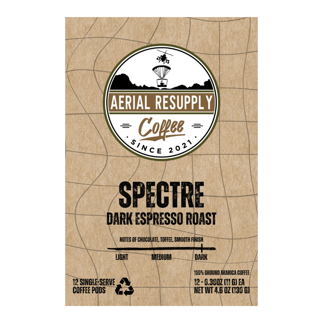 Spectre Dark Espresso Roast K cups 12 Count Box Aerial Resupply Coffee