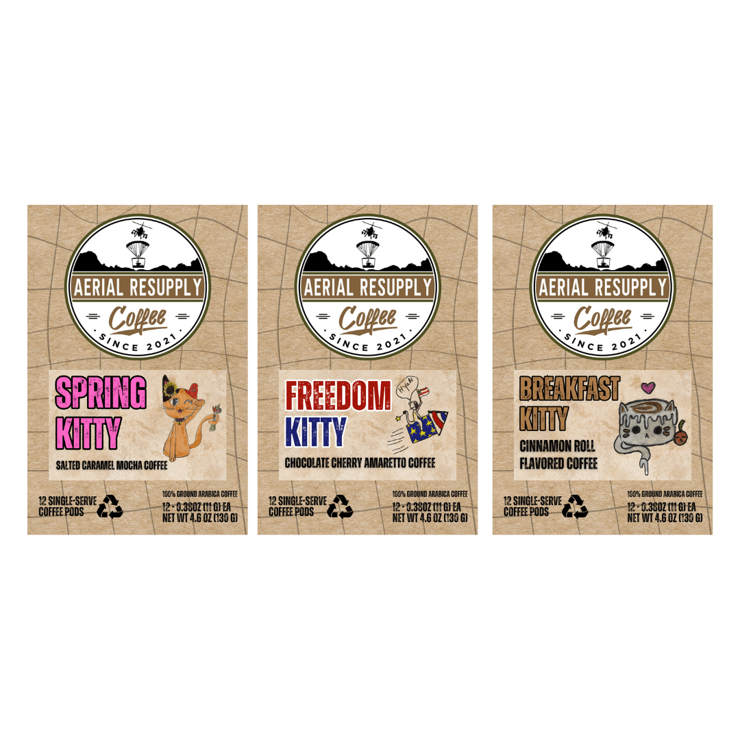 The Whole Kitten Kaboodle flavored coffee bundle single serving pod twelve count K-cups. Buy now online or in our store