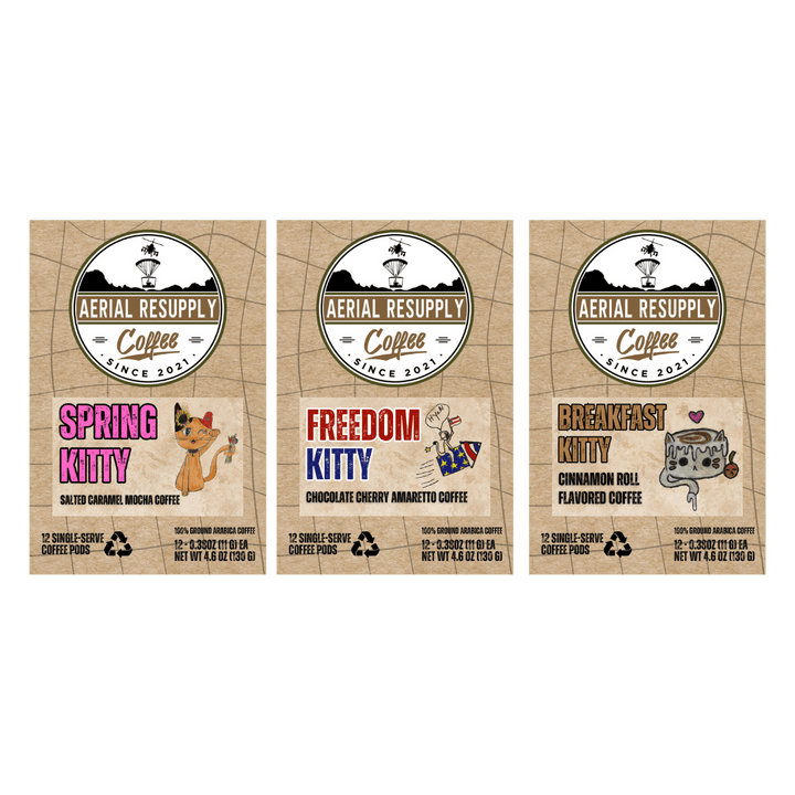 The Whole Kitten Kaboodle flavored coffee bundle single serving pod twelve count K-cups. Buy now online or in our store