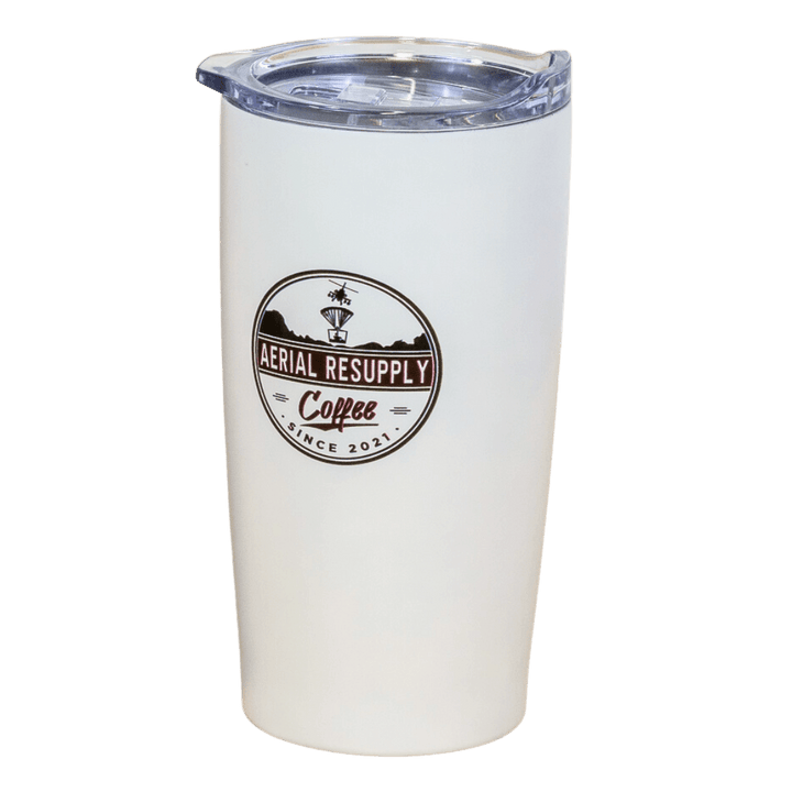 Aerial Resupply Coffee 20 ounce stainless steel logo tumbler white with slidelock lid. Veteran-owned.