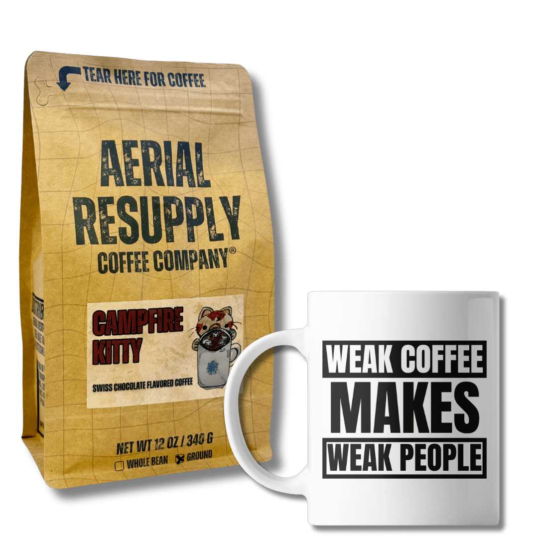 a bag of coffee and a ceramic mug with text lettering for aerial resupply coffee