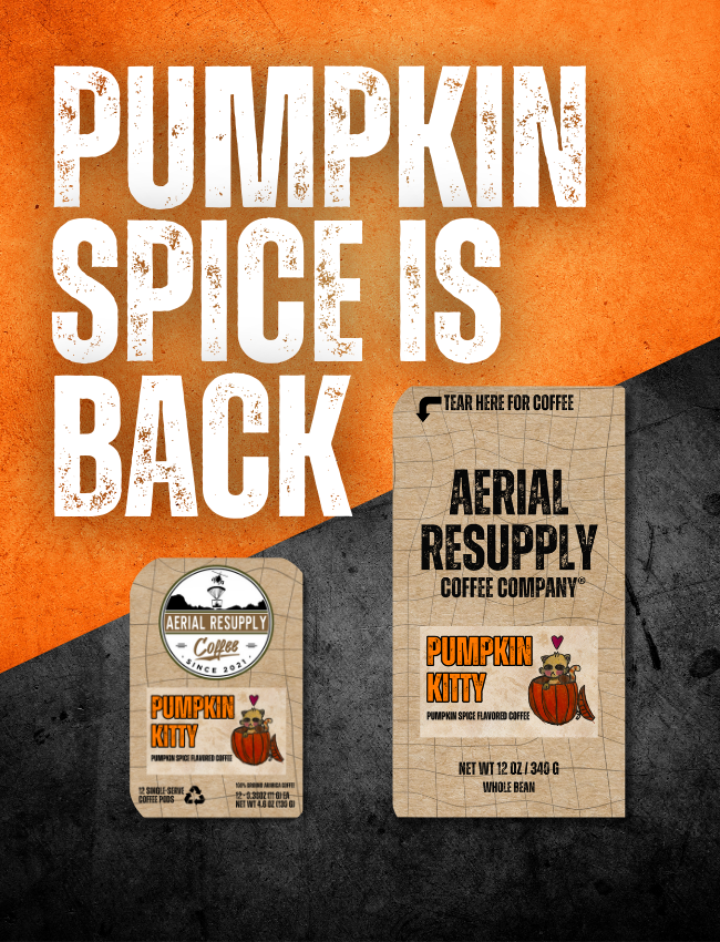 two bags of coffee on a black and orange backgroudn with text that says pumpkin spice is back