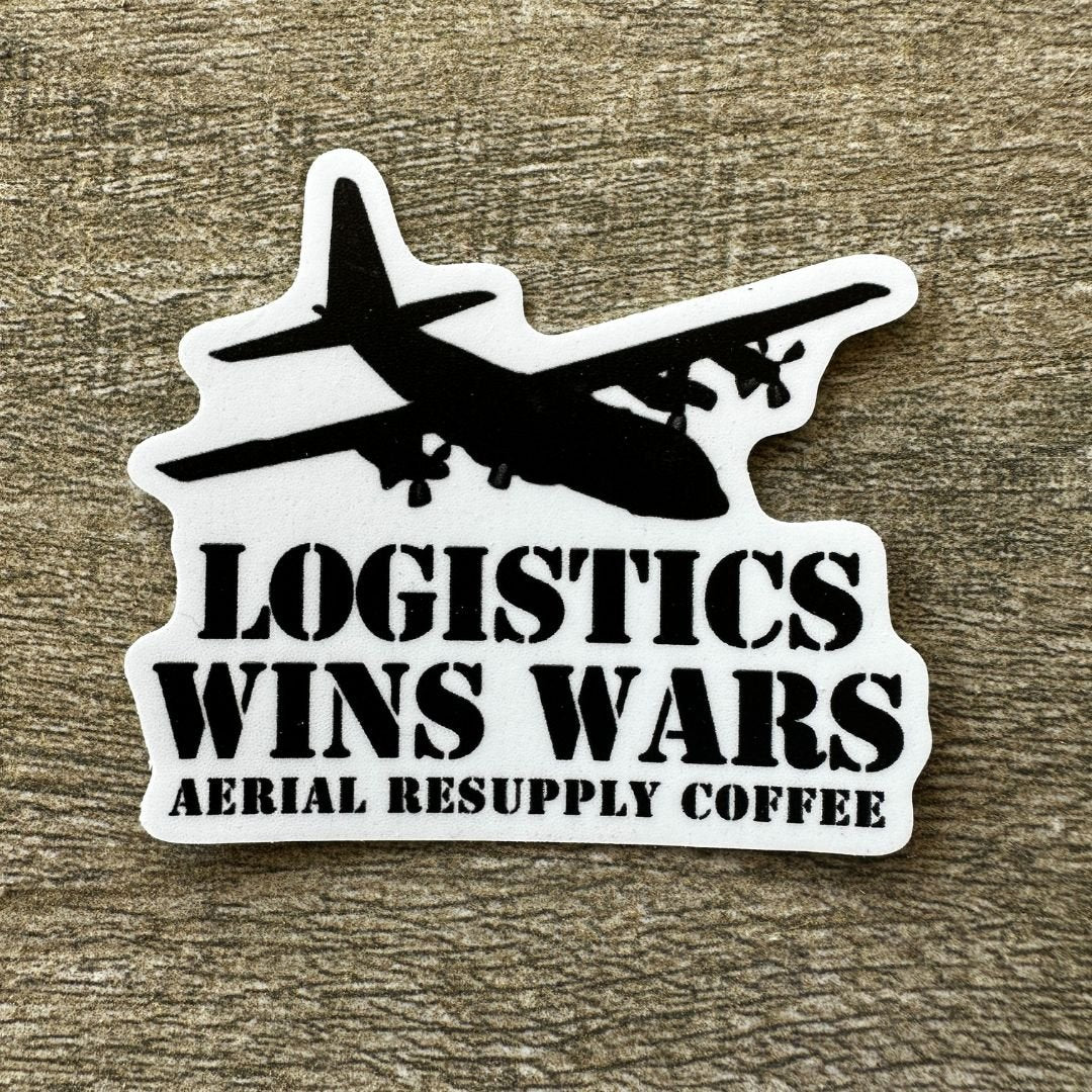 The logistics wins wars C-130 vinyl sticker from Aerial Resupply Coffee. Veteran-owned.