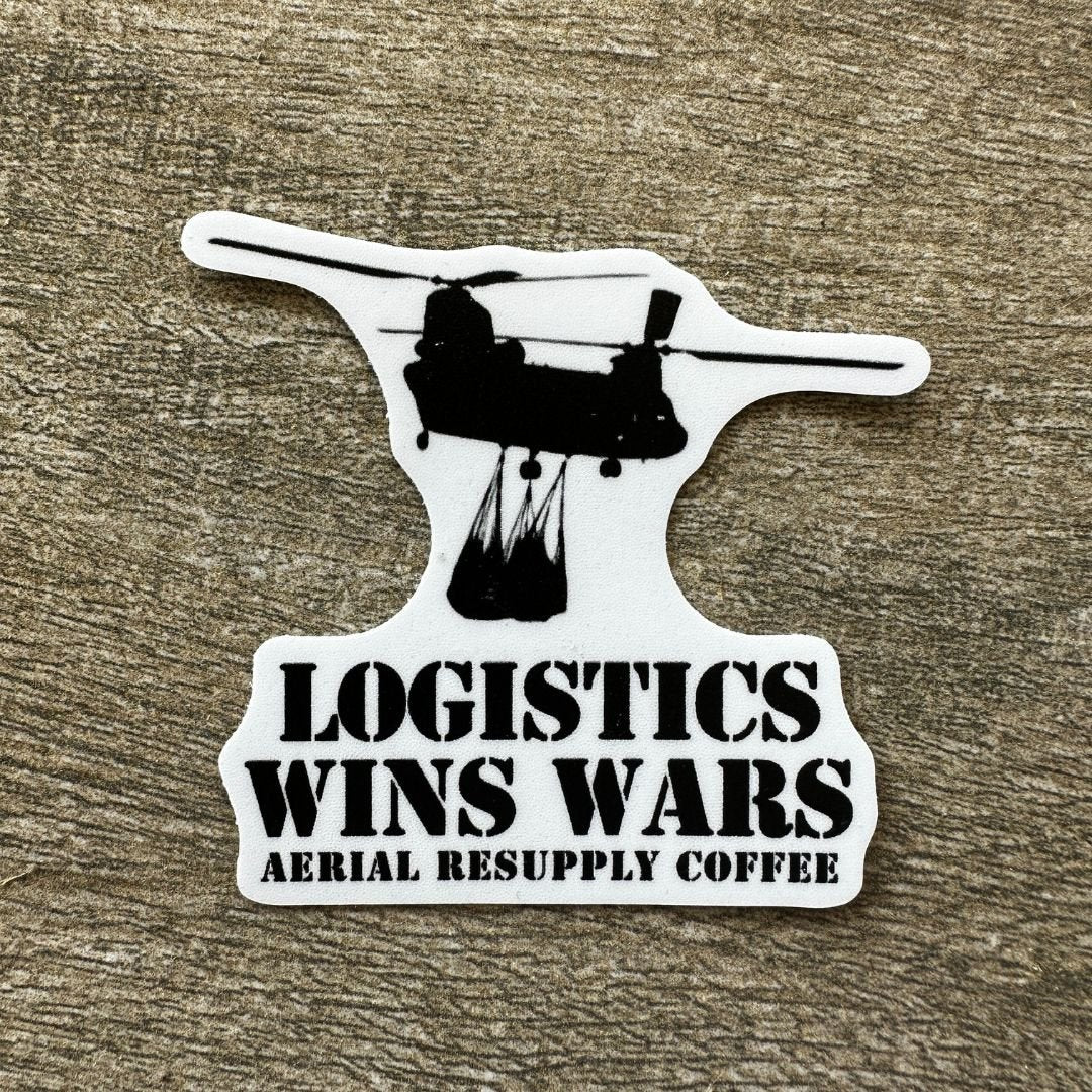 The logistics wins wars CH-47 Chinook vinyl sticker from Aerial Resupply Coffee. Veteran-owned.