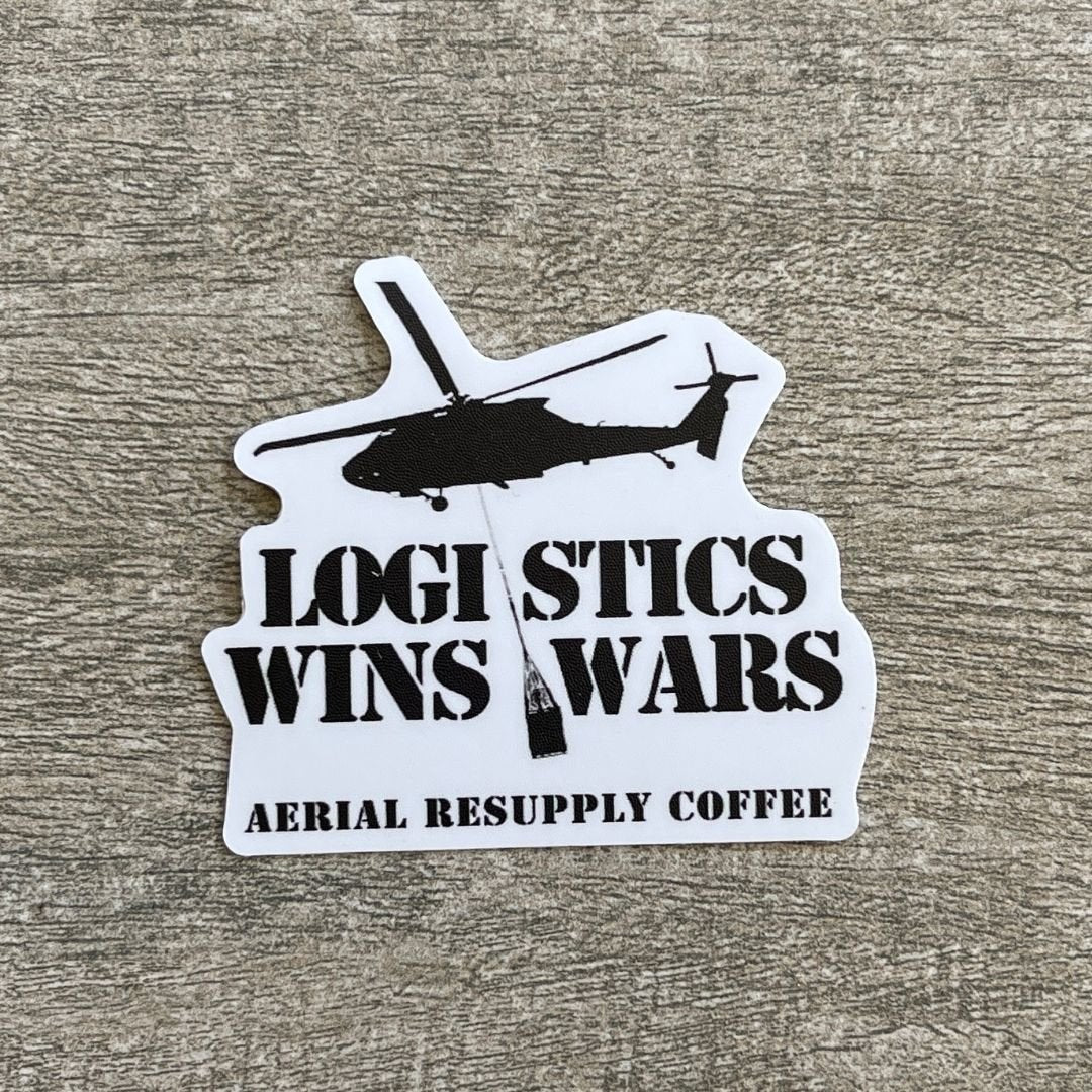 The logistics wins wars UH-60 Blackhawk vinyl sticker from Aerial Resupply Coffee. Veteran-owned.